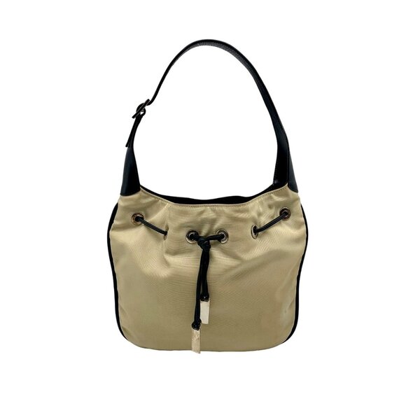 Gucci Beige Nylon and Black Leather Trim Drawstring Shoulder Bag - Picture 1 of 12